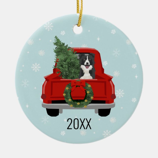 Décoration En Céramique Bordure Collie Chariot rouge Noël (Devant)