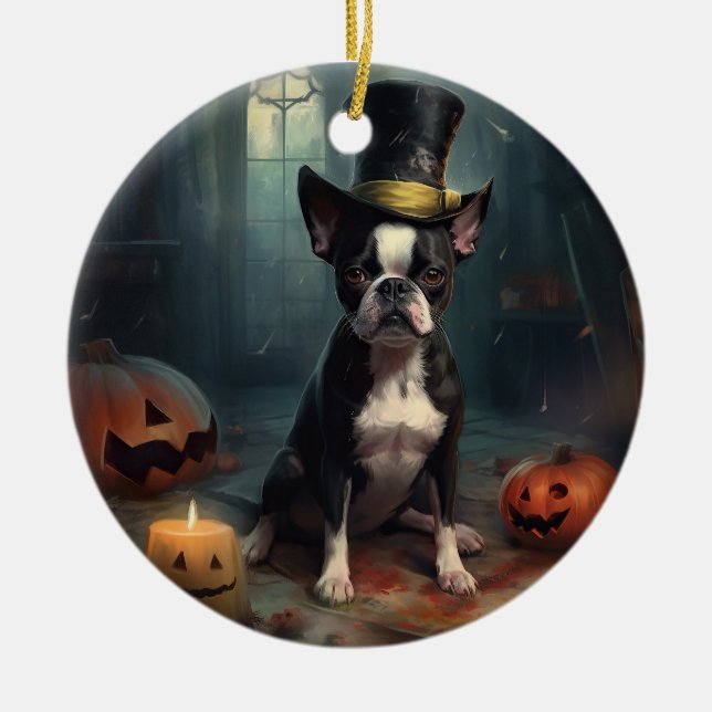 Décoration En Céramique Boston Terrier Citrouille Halloween effroi (Devant)