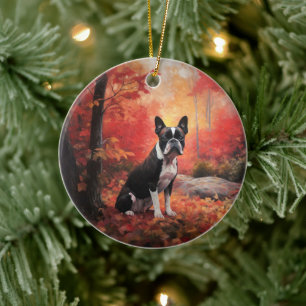 Décoration En Céramique Boston Terrier dans les feuilles d'automne qui tom