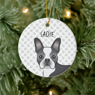 Décoration En Céramique Boston Terrier de dessin animé bleu et blanc & nom