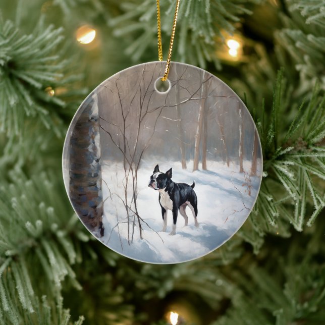 Décoration En Céramique Boston Terrier Laisser neiger Noël (Arbre)