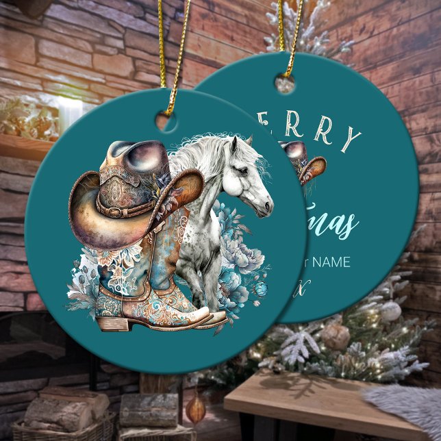 Décoration En Céramique Botte de cheval Cowgirl bottes de cowboy casquette (Cowgirl horse cowboy boots hat floral western ceramic ornament)