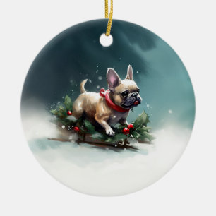 Décoration En Céramique Bouledogue français Noël neige hiver