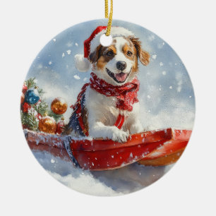 Décoration En Céramique Brittany Spaniel Dog à Sledge Noël