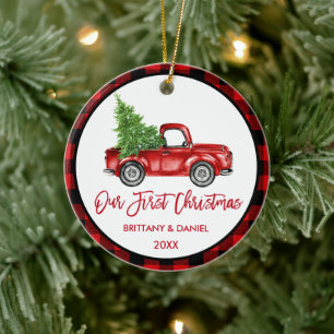 Décoration En Céramique Brosse Script Camion First Christmas Red Plaid