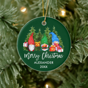 Décoration En Céramique Brosse Script Noël Aquarelle Gnomes Vert