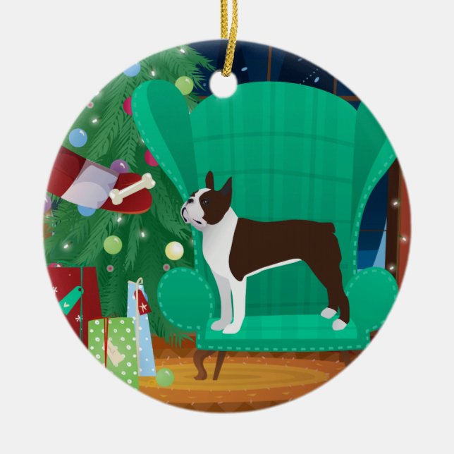 Décoration En Céramique Brown Boston Terrier et Père Noël Cadeau (Devant)