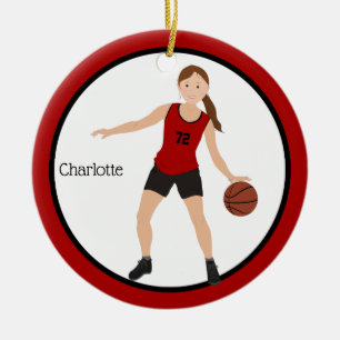 Décoration En Céramique Brunette Joueuse De Basket-Ball En Rouge Et Noir
