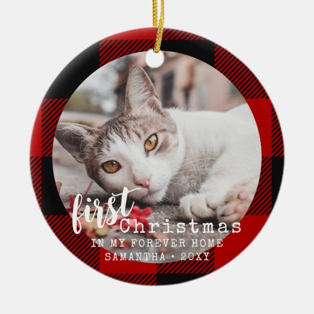 Décoration En Céramique Buffalo Plaid Chat First Christmas Photo (Devant)