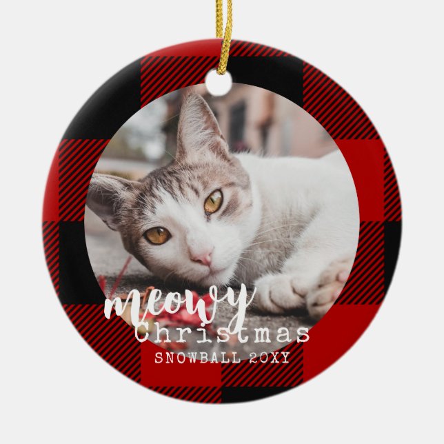 Décoration En Céramique Buffalo Plaid Chat Meowy Photo de Noël (Devant)