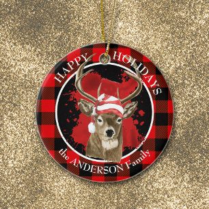 Décoration En Céramique Buffalo Plaid Deer Santa Hat