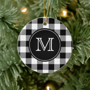 Décoration En Céramique Buffalo Plaid Farmhouse noir et blanc Monogramme