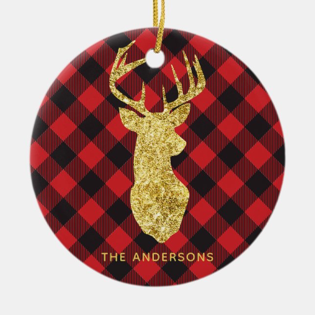 Décoration En Céramique Buffalo Plaid Gold Deer Monogramme Noël (Devant)