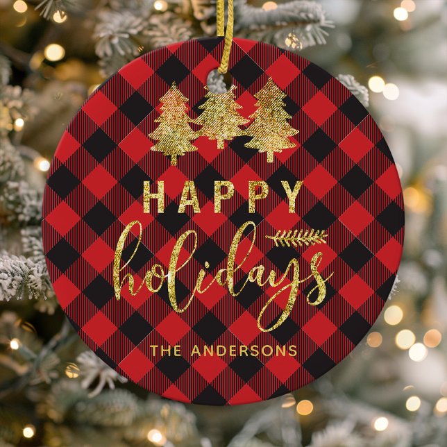 Décoration En Céramique Buffalo Plaid Happy Holidays Personnalisé (Créateur téléchargé)