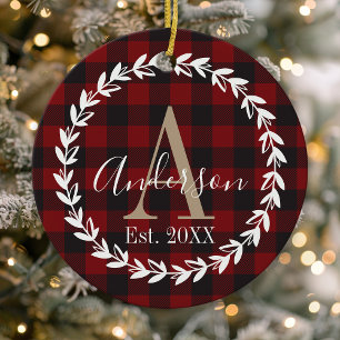 Décoration En Céramique Buffalo Plaid Monogram Wreath Famille Noël