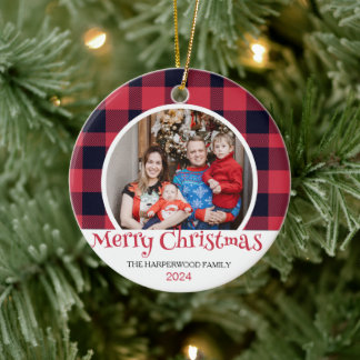 Décoration En Céramique Buffalo rouge moderne Plaid Famille de Noël 2 Phot