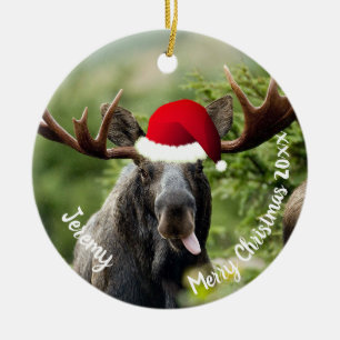 Décoration En Céramique Bull Moose in Santa Hat  Ceramic Ornament