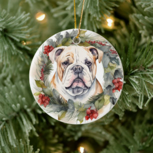 Décoration En Céramique Bulldog Christmas Wreath Festive Pup