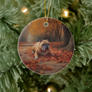 Décoration En Céramique Bulldog en automne Feuilles automne Inspire
