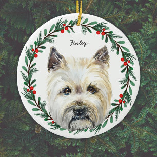Décoration En Céramique Cairn Terrier Monogramme Nom Couronne de Fêtes