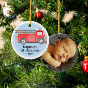 Décoration En Céramique Camion de pompiers Bébé's 1er Noël Photo Souvenir