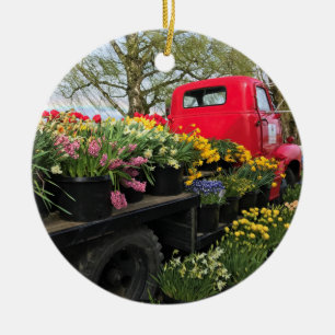 Décoration En Céramique Camion rouge avec fleurs de printemps et arc-en-ci