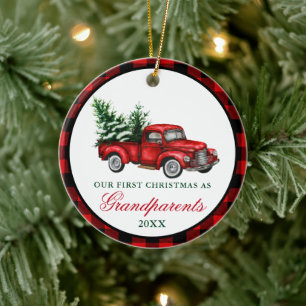 Décoration En Céramique Camion rouge vintage Grand-parents Noël Plaid