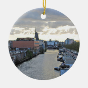 Décoration En Céramique Canal et moulin à vent d'Amsterdam avec le coucher