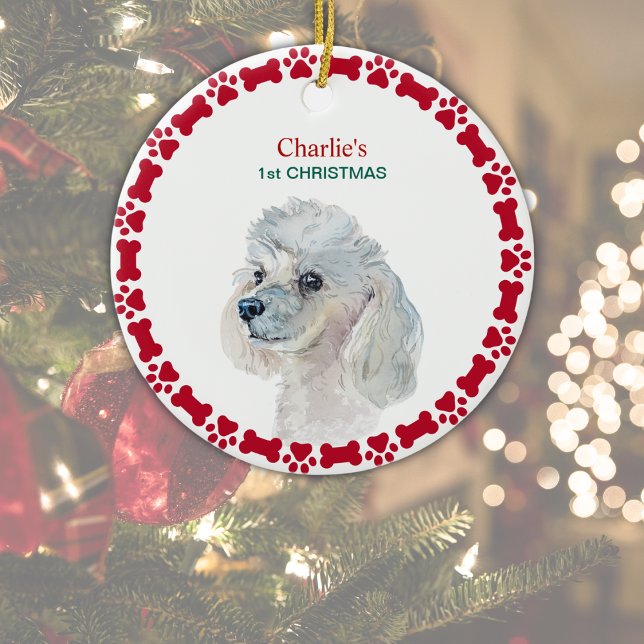 Décoration En Céramique Caniche blanc Aquarelle personnalisée Noël (Customize with Dog's Name on front, Year on reverse.  Edit '1st Christmas' or delete if not wanted. )