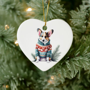 Décoration En Céramique Cardigan Welsh Corgi en pull de Noël amusant
