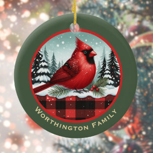 Décoration En Céramique Cardinal Neige à Buffalo Plaid Nom de famille Mono