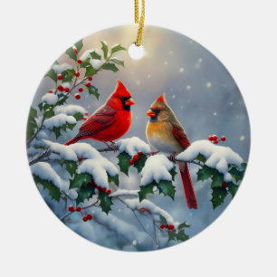 Décoration En Céramique Cardinaux rouges et houx dans la neige