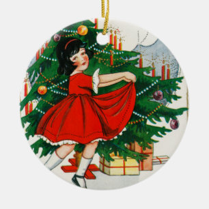 Décoration En Céramique Carte de Noël rétro, enfant et sapin de Noël