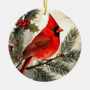Décoration En Céramique Carton de Noël Rond à l'Aquarelle Cardinal sur Bra