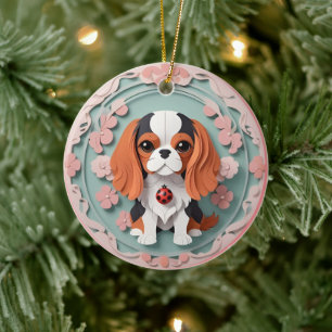 Décoration En Céramique Cavalier King Charles Fleurs Roses Coupe Papier