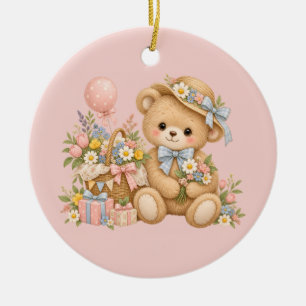 Décoration En Céramique Célébration de nounours vintage avec des fleurs sa