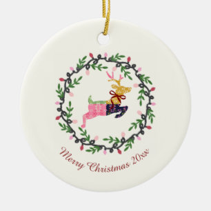 Décoration En Céramique Cerf de Noël joyeux avec couronne personnalisable