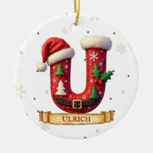 Décoration En Céramique Chapeau de Père Noël Rouge Noël Lettre U Nom