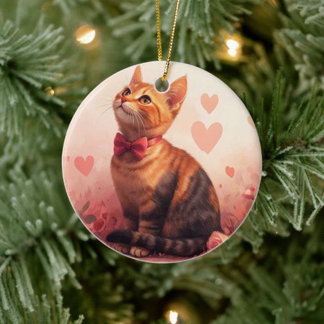 Décoration En Céramique Chat abyssinien avec Rose - Saint Valentin (Arbre)