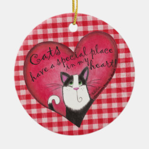 Décoration En Céramique Chat au coeur sur En vichy rouge et blanc
