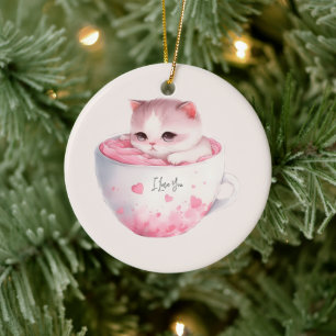 Décoration En Céramique Chat blanc-rose mignonne dans une tasse de thé (3)