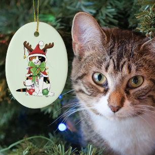 Décoration En Céramique Chat de Noël calicot vert festif et drôle