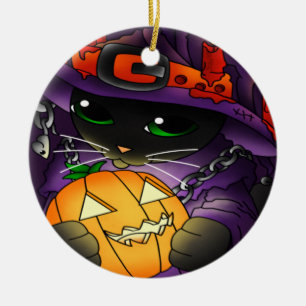 Décoration En Céramique Chat de sorcière noire Citrouille d'Halloween
