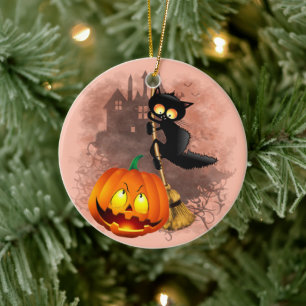 Décoration En Céramique Chat effrayé par Citrouille Fun Halloween caractèr