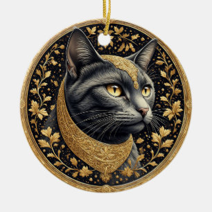 Décoration En Céramique Chat majestueux avec des détails floraux dorés orn