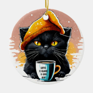 Décoration En Céramique chat noir boire un café casquette Ornament