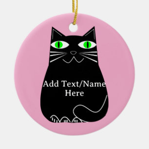 Décoration En Céramique Chat noir gras aux yeux verts Texte personnalisé R