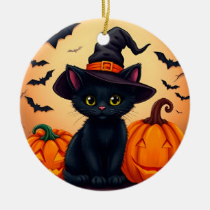 Décoration En Céramique Chat noir mignon avec un chapeau de sorcière entou