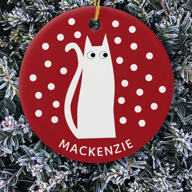 Décoration En Céramique Chat Personnalisé Rouge Blanc (Red and white kitty cat fun personalized name Christmas ornament)