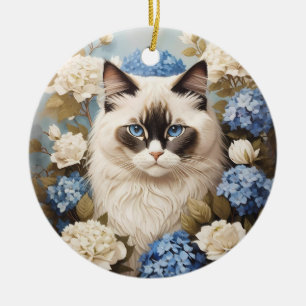 Décoration En Céramique Chat Ragdoll Avec Fleurs Bleues D'Hydrangée